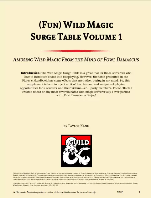 (Fun) Wild Magic Surge Table Vol. 1 - Dungeon Masters Guild | DriveThruRPG