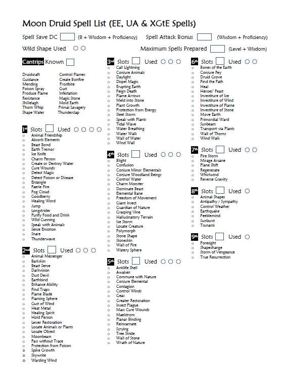 Moon Druid Complete Spell Sheet (EE, UA & XGtE) (EN & ES