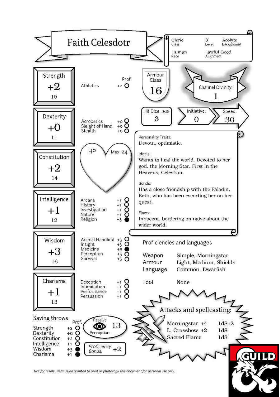 Faith the human cleric pregenerated character sheet for d d 5e no