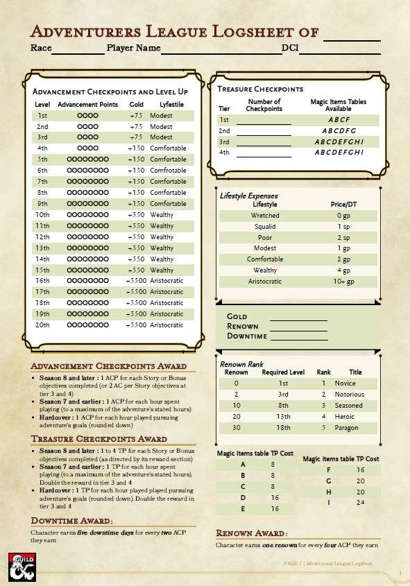 Logsheet for AL season 8 Dungeon Masters Guild DriveThruRPG