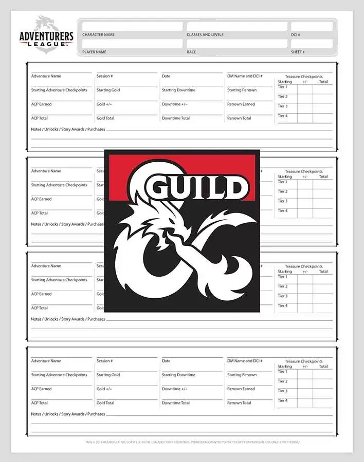Adventurers League Season 8 Form Fill Log Sheet Dungeon Masters Guild