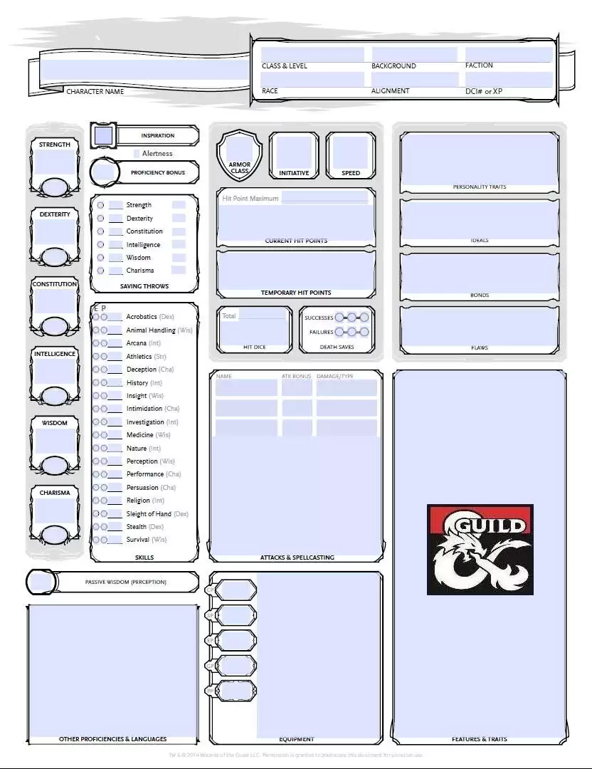 D&D 5E Character Sheet (editable/fillable PDF, printer friendly, auto ...