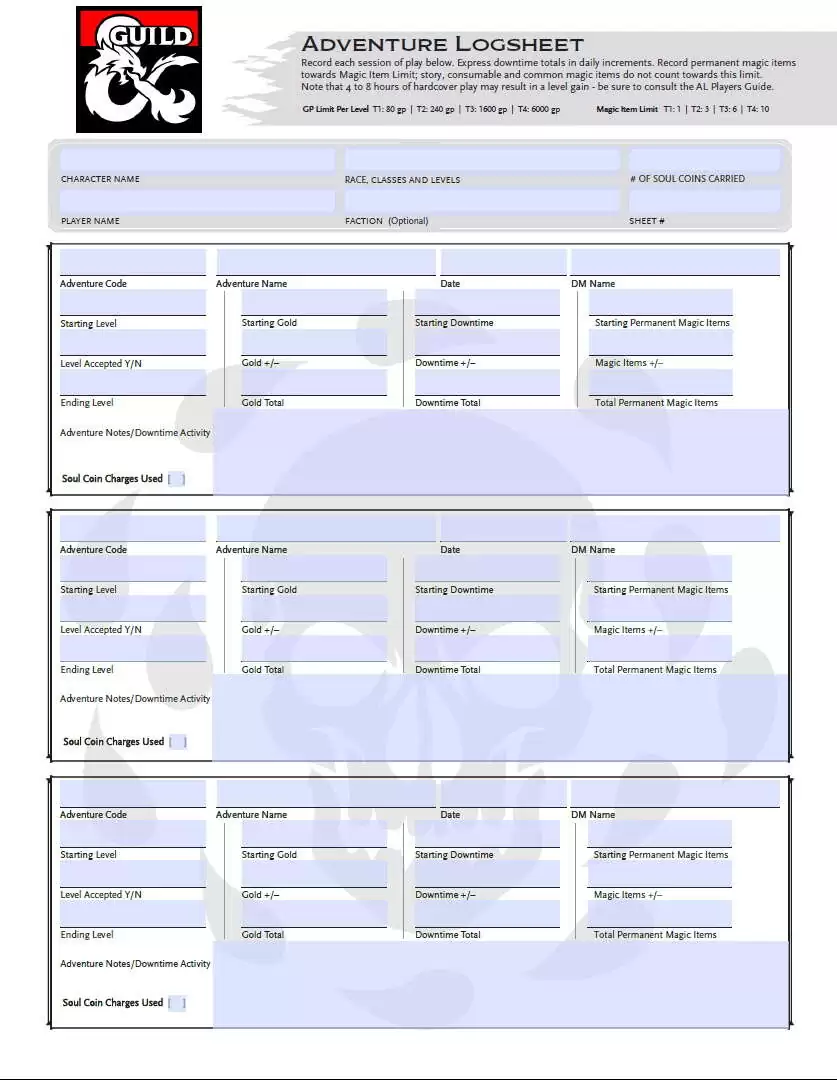 D&D 5E Character Log Sheet Season 9 Adventurers League (editable ...