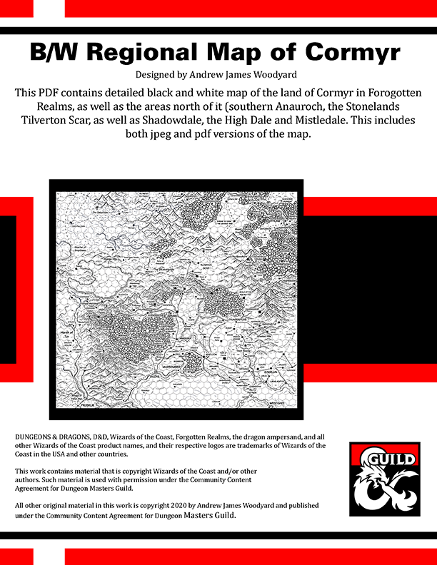 Black and White Regional Map of Cormyr with hex grid Dungeon Masters
