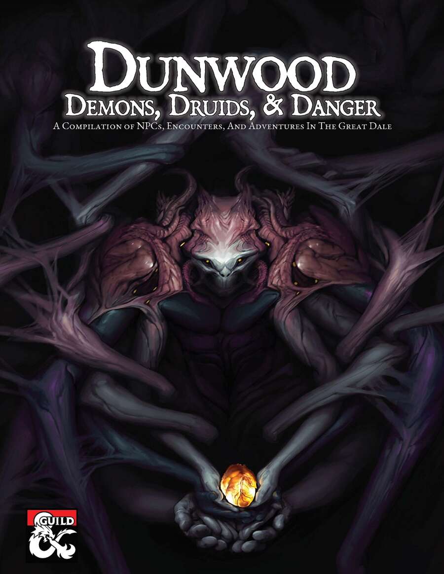 A figure like many bodies melded into one emerge from a pruple-and-black stand of dark trees, cupping a glowing heart in its many hands, on the cover of Dunwood by Joe Raso.
