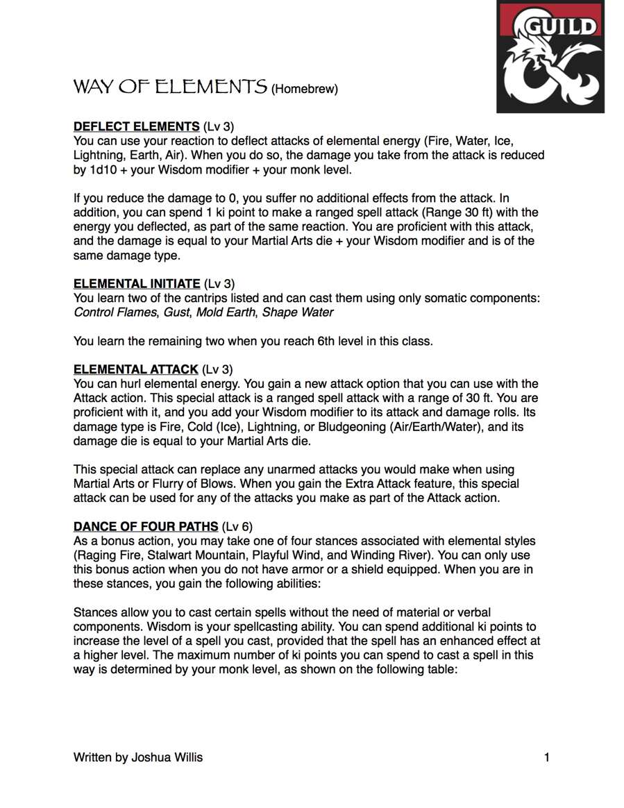 Monk - Way of Elements Monastic Tradition (Homebrew, 5e) - Dungeon ...