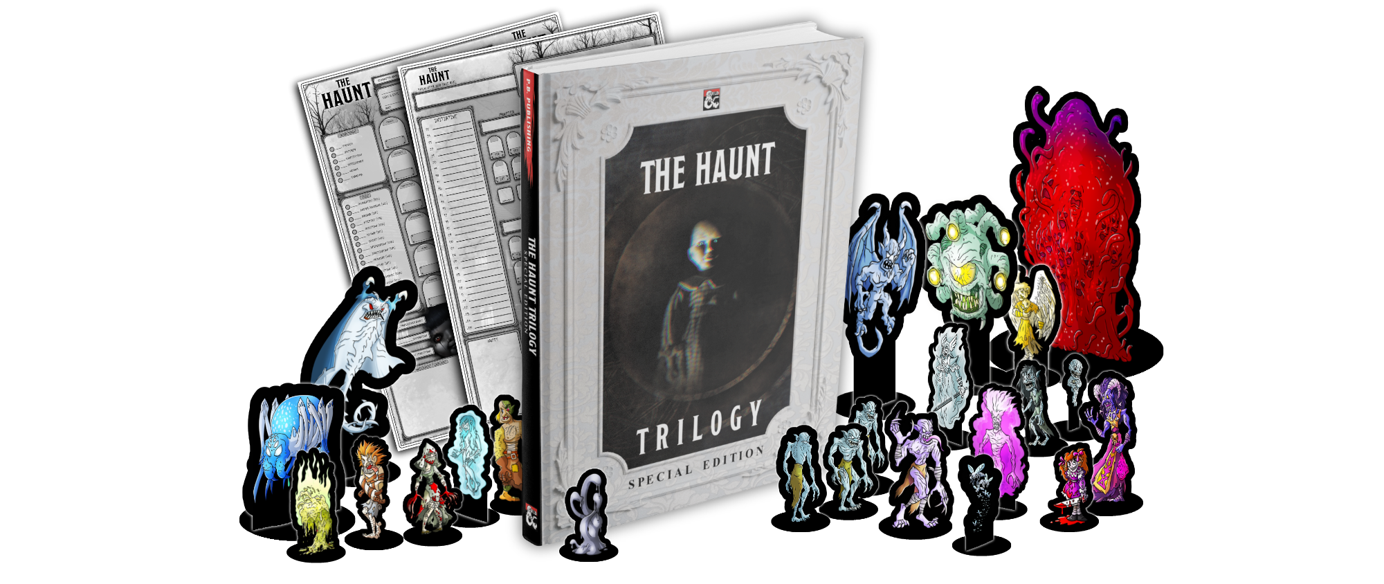 An image depicting the cover of the Haunt Trilogy book, character sheets and paper minis of monsters.