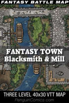 VTT Battle Maps - Fantasy Town: Blacksmith & Mill - 40x30, 3 Levels
