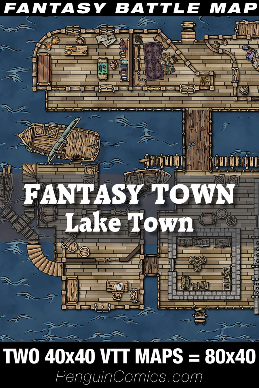 VTT Battle Maps - Fantasy Town: Lake Town, Two VTT 40x40 Maps=80x40 ...