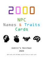 2000 NPC Names & 2000 NPC Traits - 50 Cards (Double Sided)