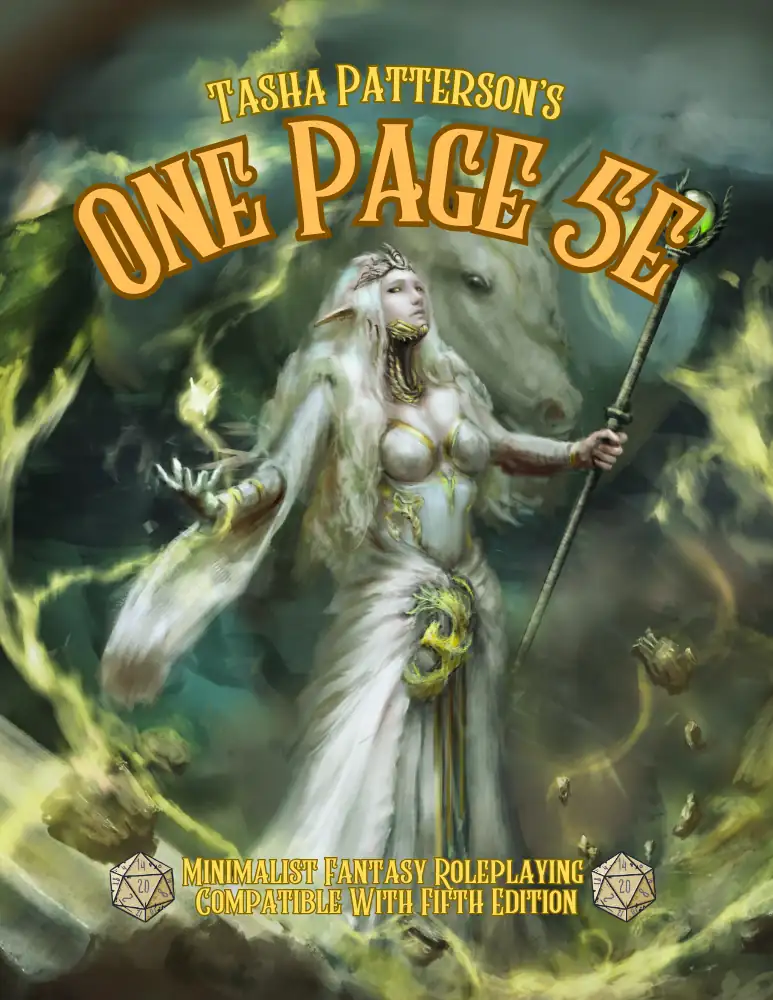 Cover art for 'One Page 5E' shows an elf in a white dress with long white hair surrounded by a green mist.